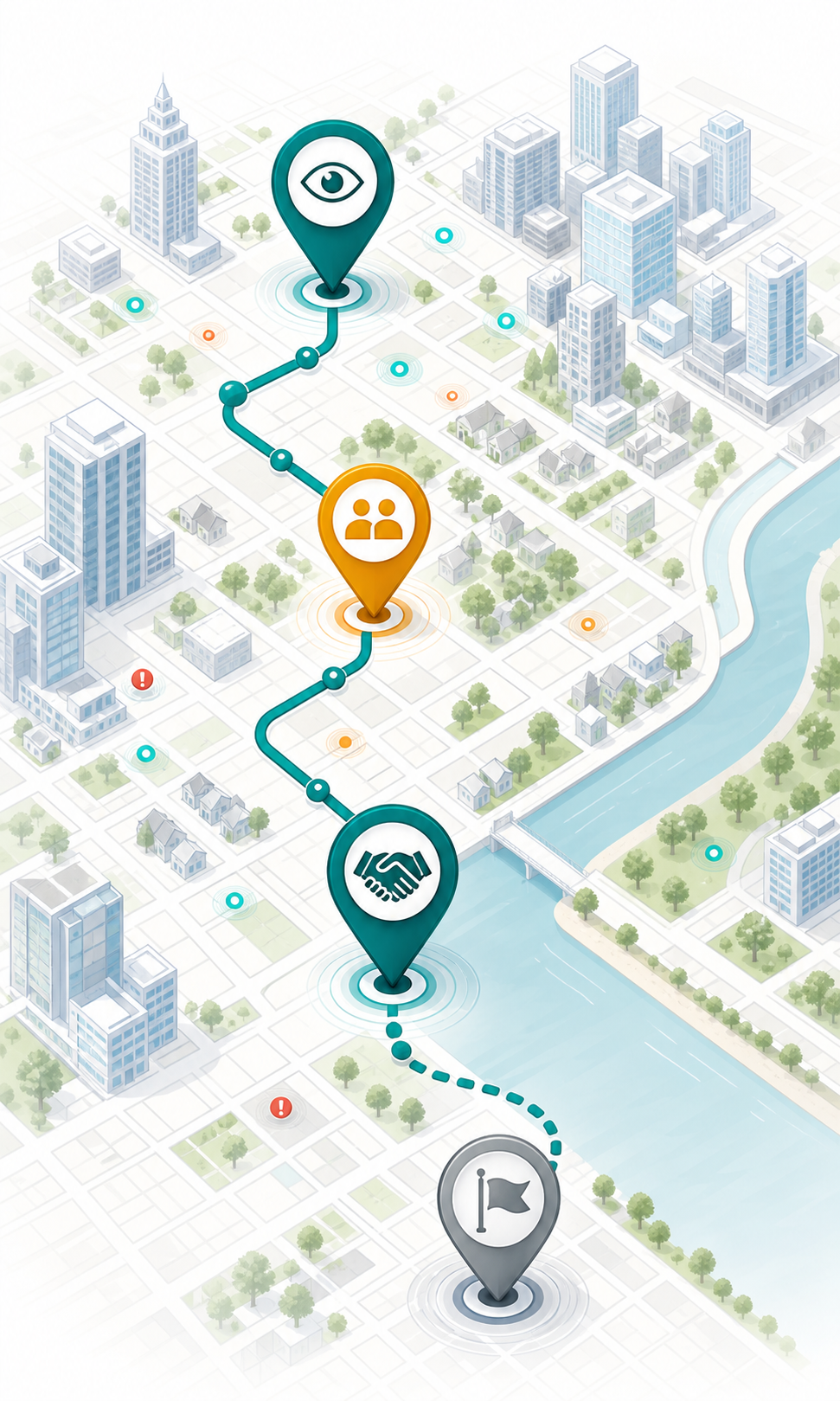 Illustrated route map with markers representing a first-week success path